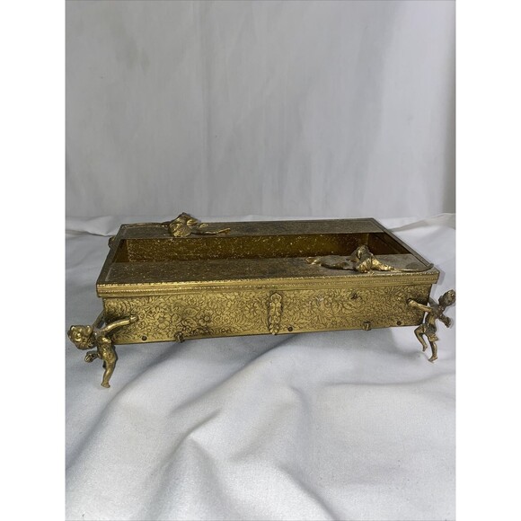 Vintage Gold Metal Brass floral Filigree cherub Angel Regency Tissue Box Holder - Picture 8 of 16